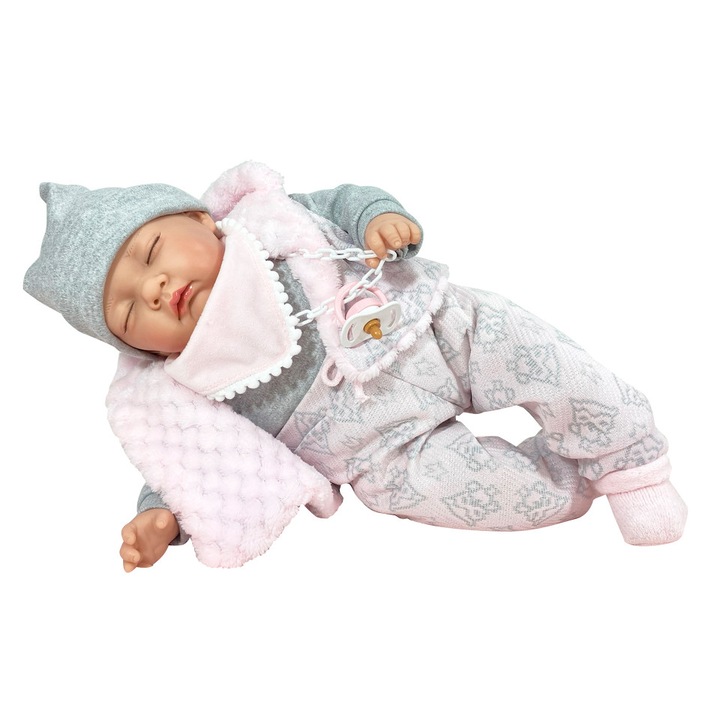 Nines D'Onil baba, Snow, újszülött, hangokkal, csukott szemmel, táskába csomagolva, vanília illattal, 45 cm