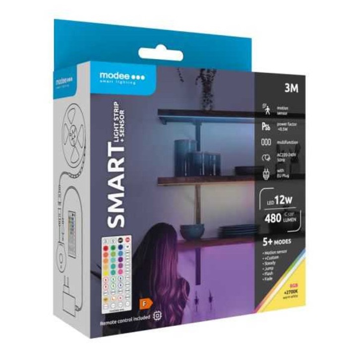 LED лента Smart Modee 12W със сензор за движение и дистанционно управление 2700K + RGB 480lm IP20 3m MSL-LS12W3MRGB2700KS-R
