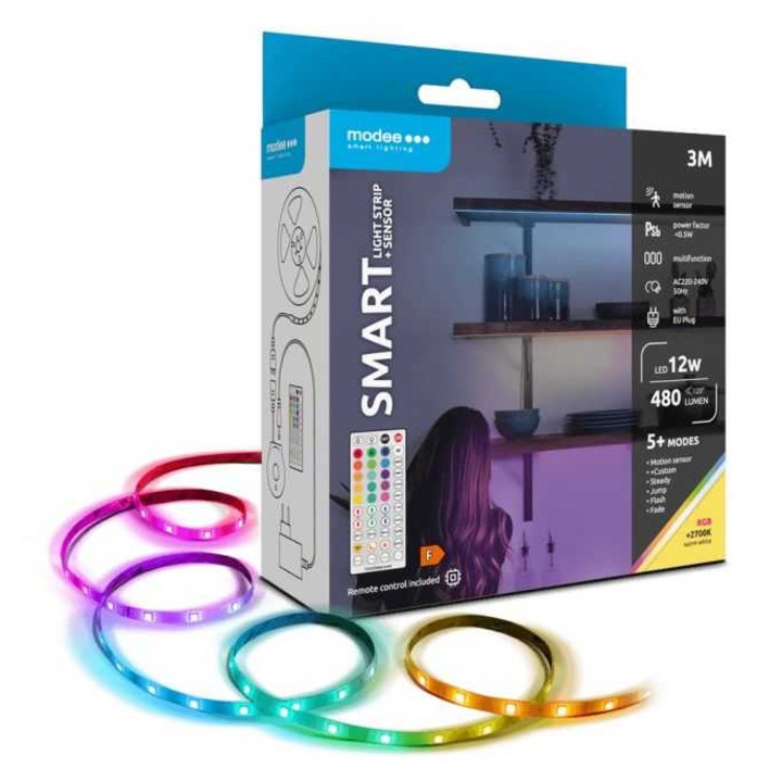 LED лента Smart Modee 12W със сензор за движение и дистанционно управление 2700K + RGB 480lm IP20 3m MSL-LS12W3MRGB2700KS-R