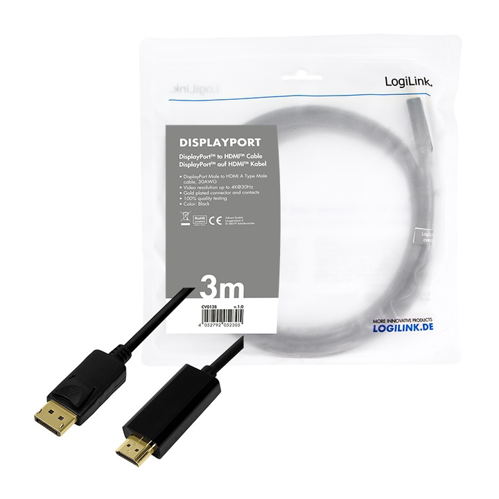 Кабел LOGILINK CV0128, DisplayPort - HDMI, 4K/30 Hz, 3 м, Черен