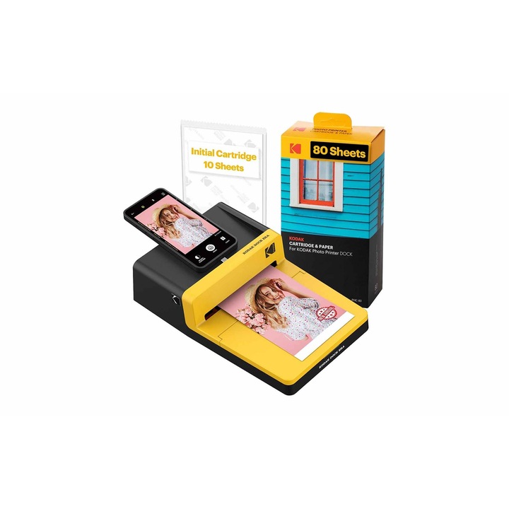 Imprimanta foto Kodak Dock Plus ERA, 300 x 300 dpi, Sublimare, 4x6 inch, Bluetooth, USB-C Galben/Negru