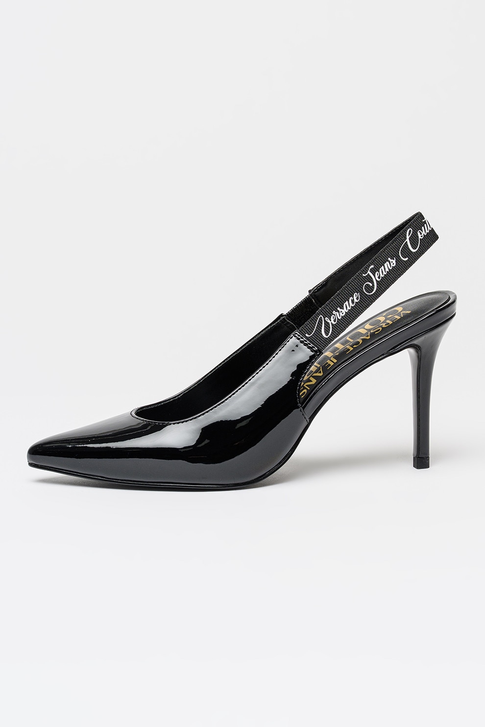 Love Moschino, Pantofi cu varf ascutit si aspect lacuit, Alb