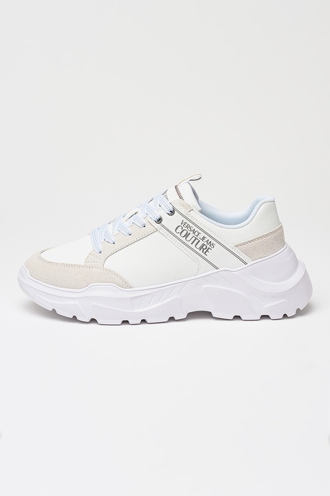 Versace Jeans Couture, Pantofi sport cu talpa wedge si garnituri de piele ecologica, Alb murdar