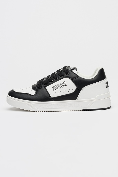 Versace Jeans Couture, Pantofi sport din piele cu garnituri din piele ecologica, Negru/Alb optic