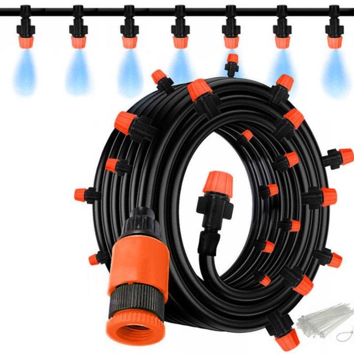 Sistem de irigatii cu perdea de apa 15 m VarioShop®, 15 aspersoare reglabile, racire si udare gradina, terasa sau sera, fara electricitate, usor de instalat, Negru