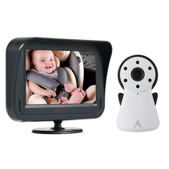 Baby Monitor si Camera Supraveghere Audio-Video Auto Pentru Supraveghere Bebe in Masina, Arkode™, Ecran XXL 4.3 Inch LCD, Senzor Sunet, Mod Vedere Nocturna Infrarosu, Notificari Miscare, Rezolutie Imagine 1980*1080