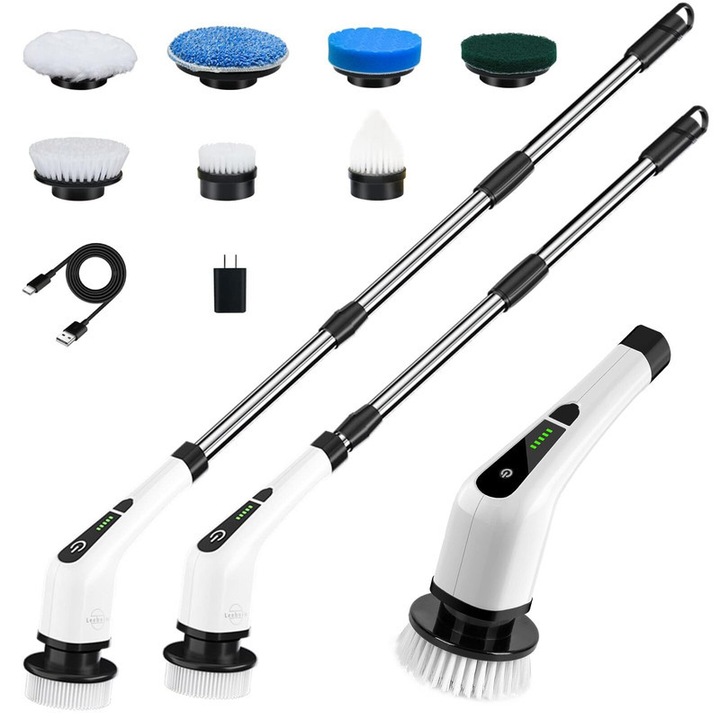 Perie electrica de curatare 9 in 1, 9 capete interschimbabile, 2 viteze ajustabile, autonomie mare, alb