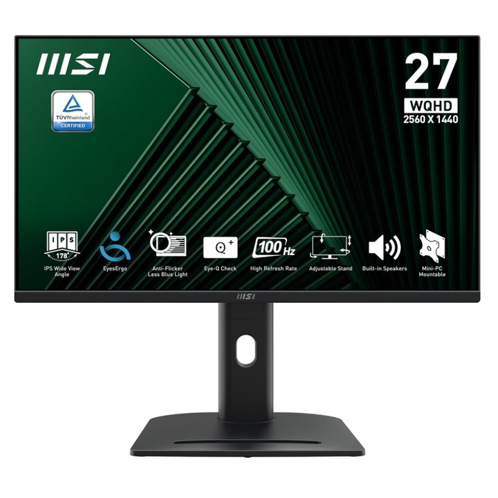 MSI 27"-os PRO MP275QPG IPS LED monitor, WQHD 2560 x 1440, HDMI, DisplayPort, hangszórók, Pivot, 100 Hz, 1 ms Fekete