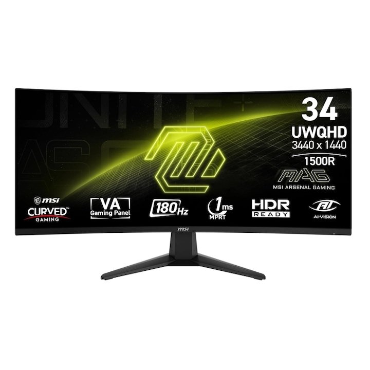 MSI 34" MAG 346CQ VA LED gamer monitor, UWQHD 3440 x 1440, HDMI, DisplayPort, Ívelt képernyő, 180 Hz, 1 ms fekete