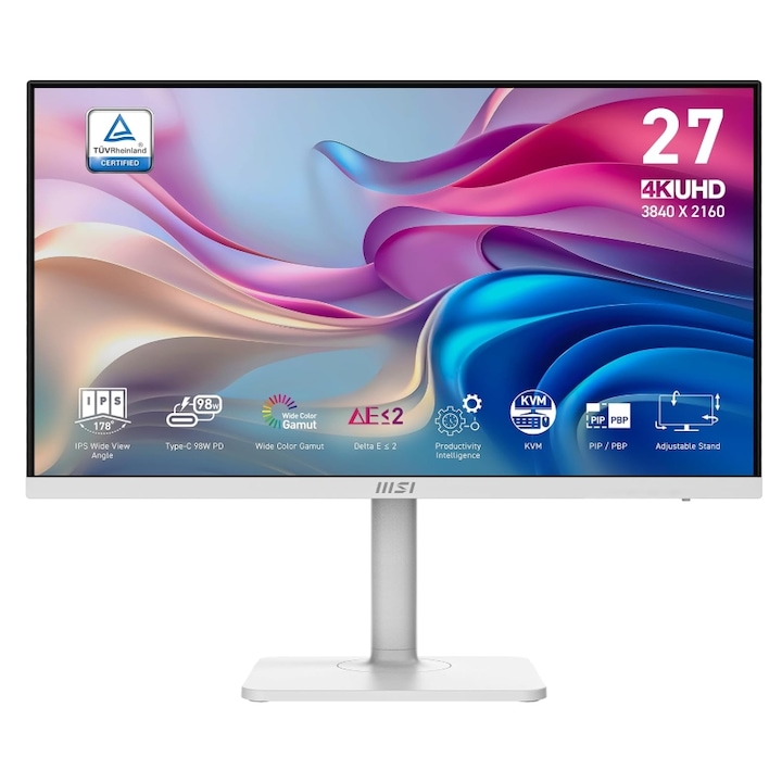 MSI 27" Modern MD272UPHW monitor IPS LED, UHD 3840 x 2160, HDMI, DisplayPort, hangszórók, fehér Pivot