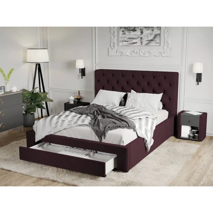 Pat Tapitat Catifea, Riviera cu Somiera si Sertar, 160x200, Mov/Velluto 32