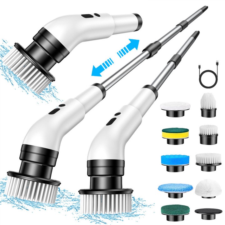 Perie Electrica de Curatare Rotativa, Autocise, multifunctionala fara fir, maner extensibil, 9 capete interschimbabile, pentru Casa, Baie, Bucatarie, 2 viteze, alb