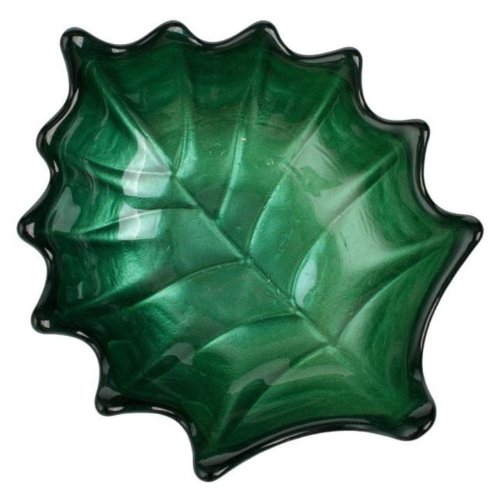 Bol/Farfurie din Sticla Verde – Forma Frunza 14×12, 5×2 cm — Servire Salate, Fructe & Aperitive de Vara — ANTBRO®