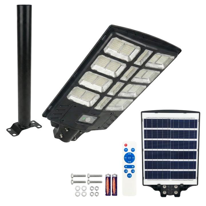 Lampa Solara Stradala LED 1000W Rixme 12 Zone, Senzor Miscare, Telecomanda, IP67, Lampa solara exterior, Negru