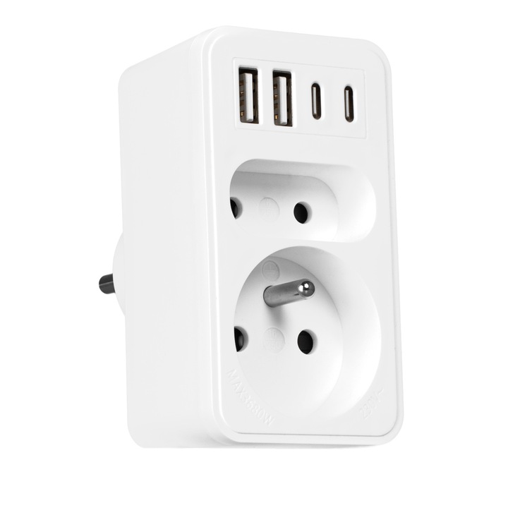 Adaptor priza Vayox VA0374 2 prize + 2x USBA + 2x USB-C, Alb