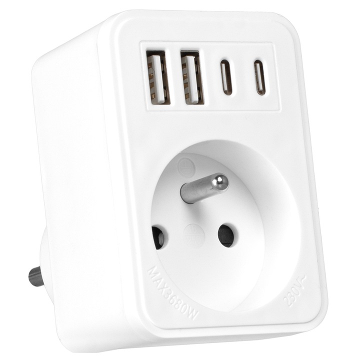 Adaptor priza Vayox VA0375 1 prize + 2x USB-A + 2x USB-C, Alb