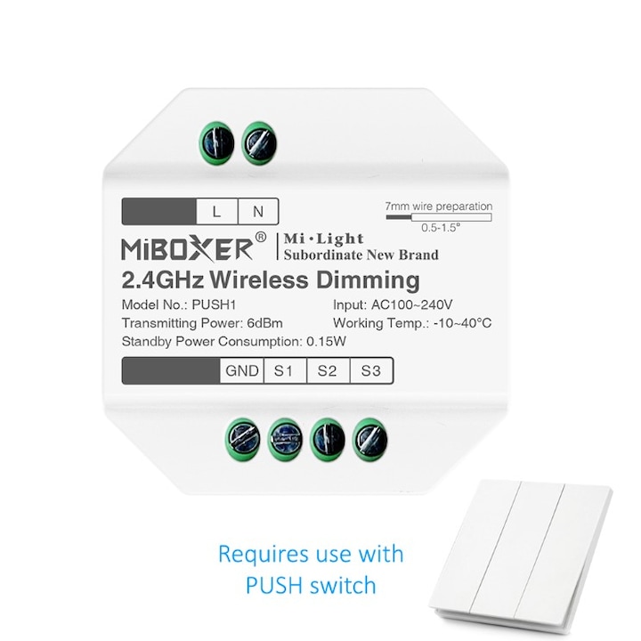 Modul wireless MiBoxer PUSH1, pentru intrerupator clasic cu revenire, dimmer RGB+CCT, 2.4GHz, AC100-240V, dimming 0.1-100%, RF control 30m, montaj in priza clasica, alb