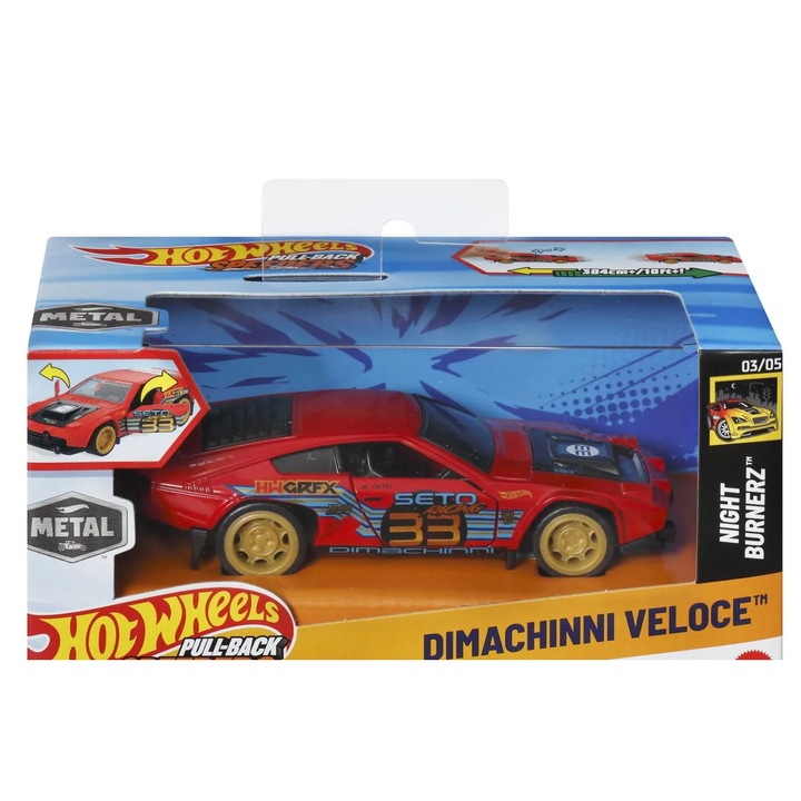 Hot Wheels Dimachinni Veloce Night Burnerz 1:43 fém kisautó, interaktív, többszínű