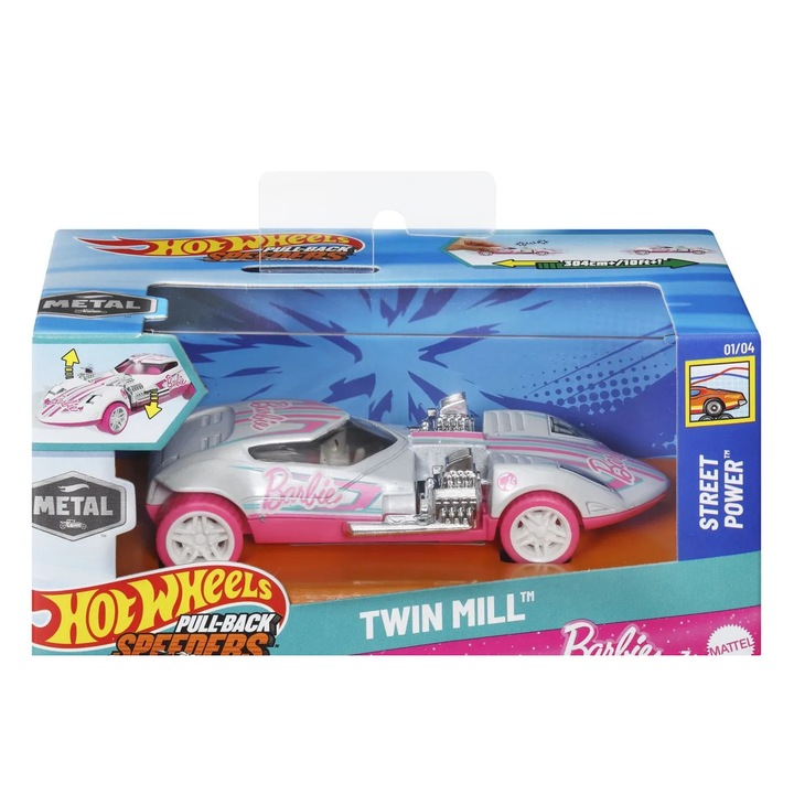 Hot Wheels Barbie Twin Mill Street Power öntött kisautó, 1:43, többszínű, készlet