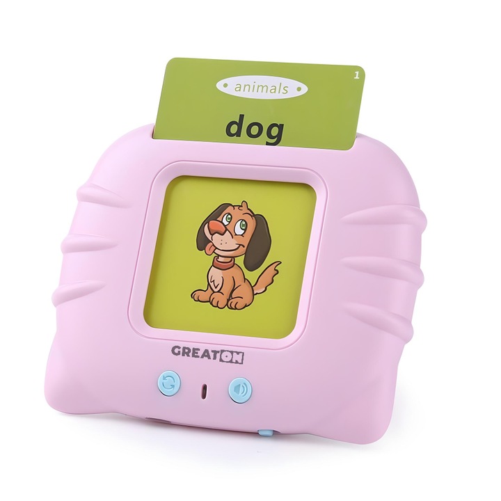 Aparat De Invatat Limba Engleza GREATON Cu 112 Carduri Pentru Copii – Dispozitiv Interactiv Cu Functie Vocala, Culoare Roz