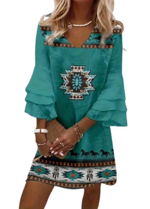 Rochie scurta cu imprimeu aztec, cu maneci evazate