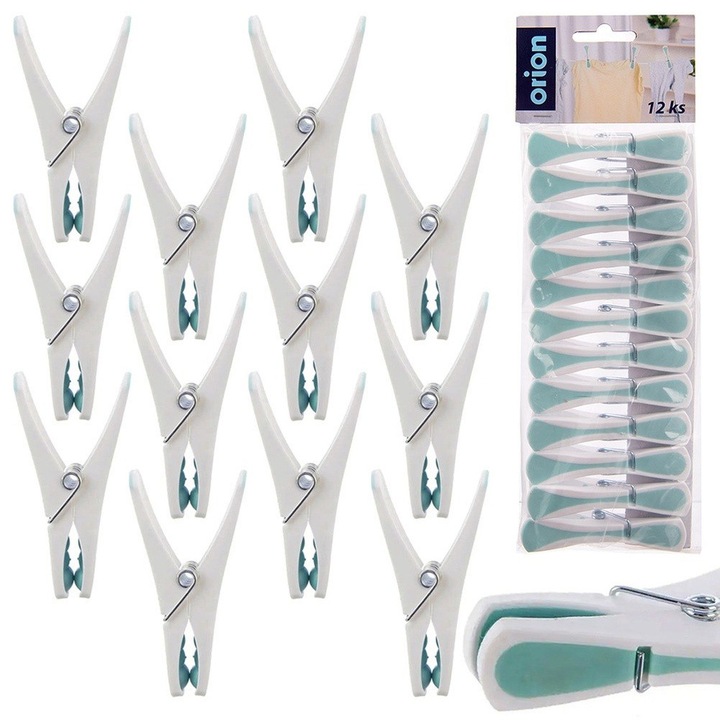 Set Cleme Pentru Rufe, Orion, 8x1.2 cm, Executie Solida Din Material De Inalta Calitate Cu Prindere Metalica, Inchidere Puternica, Design Clasic, Utilizare Universala, Alb-Albastru, 12 Bucati