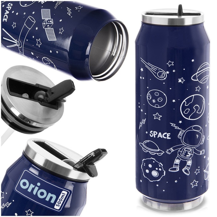 Set Cana Termica, Cutie Cu Tub De Rezerva, Orion, 7x19 cm, Fabricata Din Otel Inoxidabil, Izolatie Vakuum, Inchidere Etansa, Duza Ridicata, Albastru Inchis