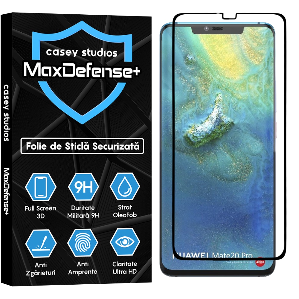 Folie Sticla CASEY STUDIOS™ compatibila cu Huawei Mate 20 Pro, Full Cover 3D, Duritate Militara, Ultra HD, Anti Zgarieturi, Anti Socuri, Margini Negre