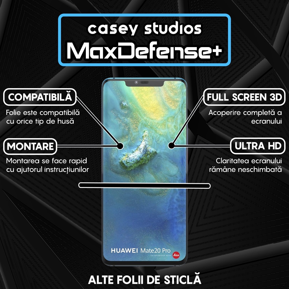 Folie Sticla CASEY STUDIOS™ compatibila cu Huawei Mate 20 Pro, Full Cover 3D, Duritate Militara, Ultra HD, Anti Zgarieturi, Anti Socuri, Margini Negre