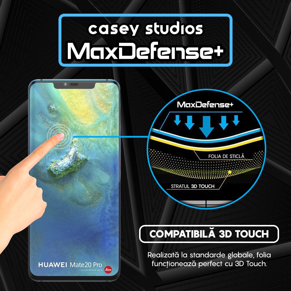 Folie Sticla CASEY STUDIOS™ compatibila cu Huawei Mate 20 Pro, Full Cover 3D, Duritate Militara, Ultra HD, Anti Zgarieturi, Anti Socuri, Margini Negre