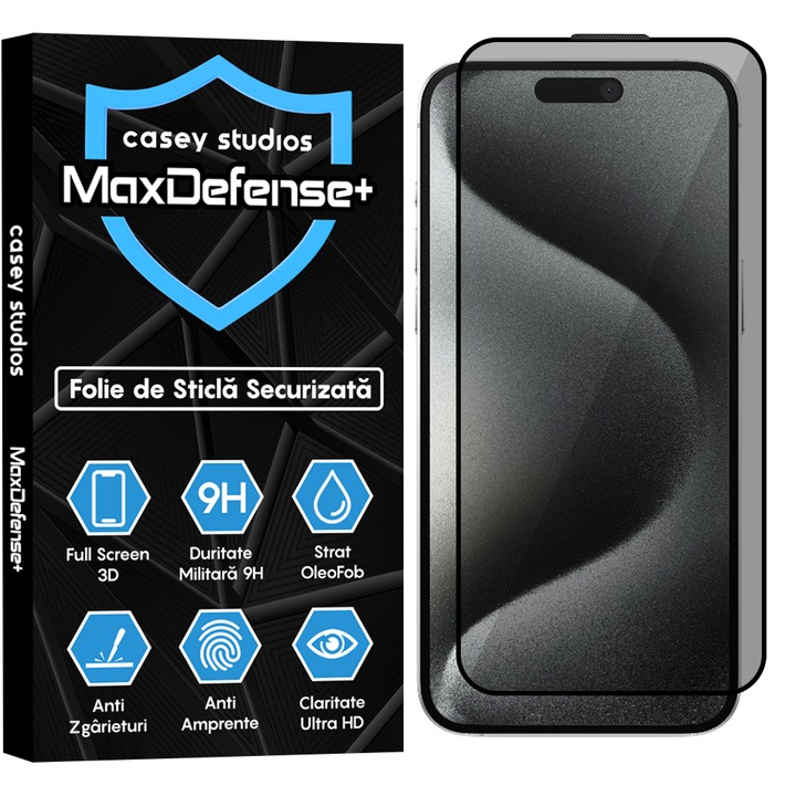 Folie Sticla Privacy CASEY STUDIOS™ compatibila cu iPhone 15 Pro Max, MaxDefense+ Privacy, Full Cover 3D, Sticla Securizata, Duritate Militara, Protectie Profesionala Ecran 3D, Anti Zgarieturi, Anti Socuri