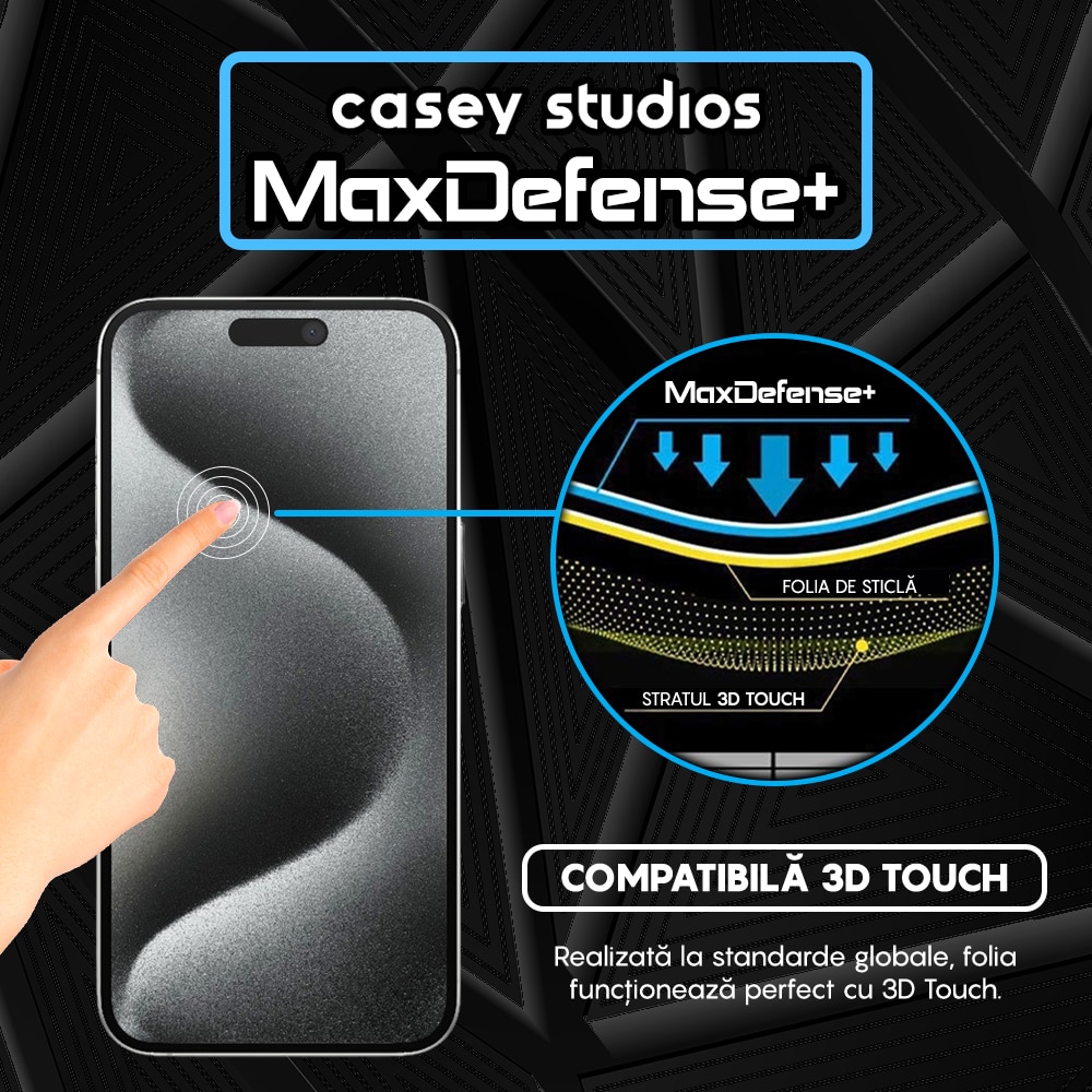 Folie Sticla CASEY STUDIOS™ compatibila cu iPhone 15 Pro Max, Full Cover 3D, Full Glue, Duritate Militara, Ultra HD, Protectie Profesionala Ecran 3D, Anti Zgarieturi, Anti Socuri, Margini Negre