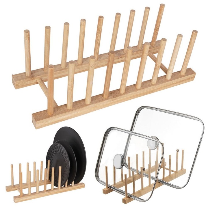 Suport Pentru Capace Si Farfurii, Orion, 35.5x13.5x11 cm, Din Lemn, Poate Sustine 8 Farfurii Sau Capace, Usor De Curatat, Culoare Naturala A Lemnului, Natural