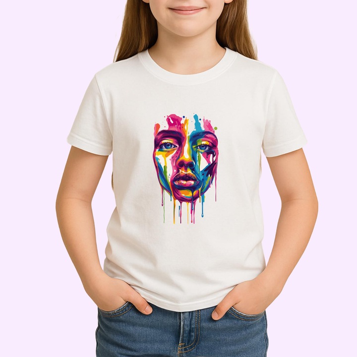 Tricou copii Fata stil graffiti cu pete de vopsea curcubeu, Alb