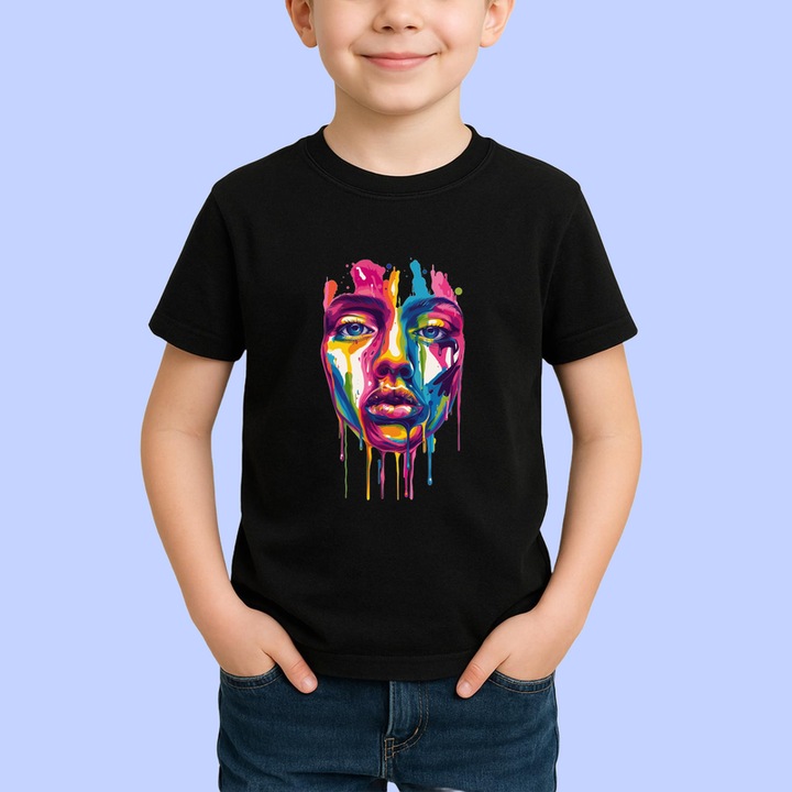 Tricou copii Fata stil graffiti cu pete de vopsea curcubeu, Negru
