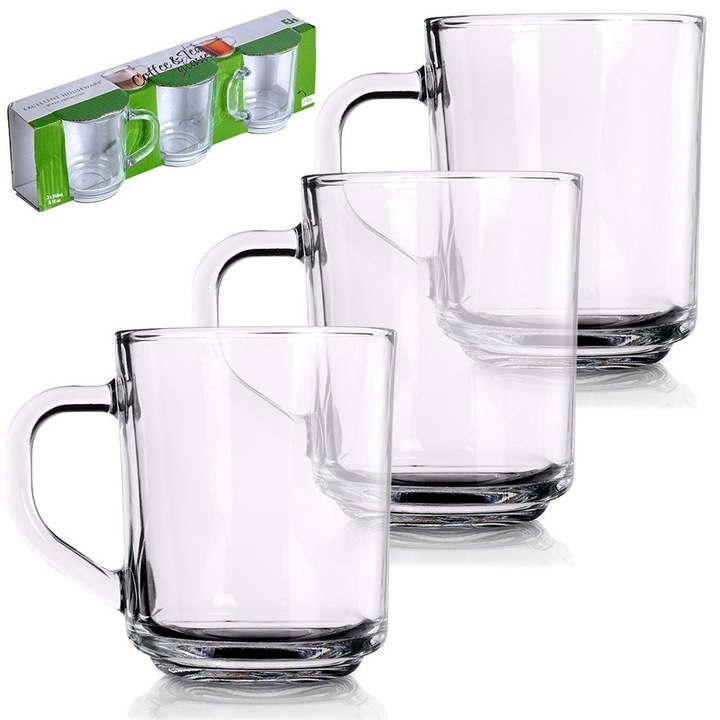 Комплект чаши за кафе и чай, Отлични домакински принадлежности, 8.5x10x7 см, Стъкло, Устойчив на температури, Подходящ за съдомиялна машина, Подходящ за микровълнова фурна, Прозрачен, 3 части
