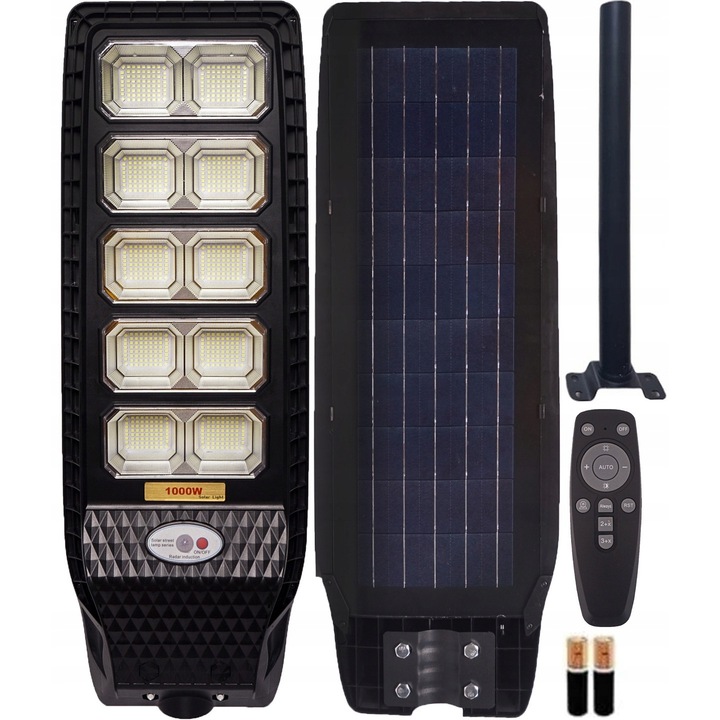TNS® Външна LED соларна лампа, 1000W, Вграден соларен панел, 720 SMT светодиода, Сензор за движение, Големи размери 72x25см, Включена монтажна скоба, Дистанционно управление, Студена светлина 6500k, IP67 защита, Черна