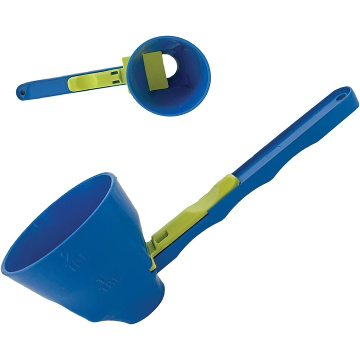 Градуирана лъжичка, обръщаема, тип фуния, пластмасова, дълга дръжка, 8 x 8 x 3 см, синя/зелена