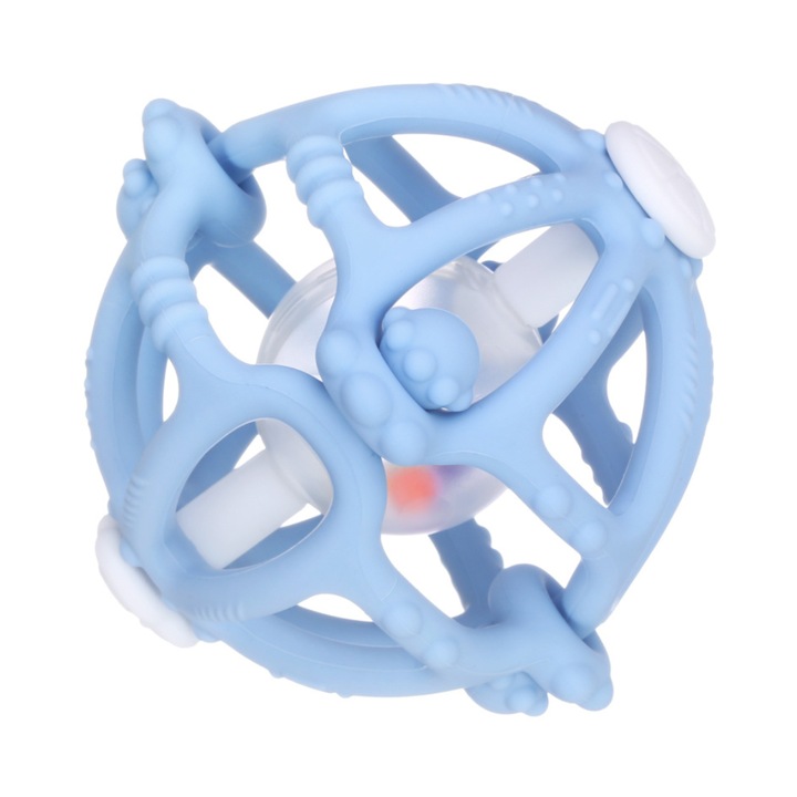 Clickzu 2 az 1-ben rágóka és játék: interaktív csörgőlabda levehető kialakítással, könnyen tisztítható, élelmiszeripari szilikonból, biztonságos és tartós, BPA-mentes, ínymasszírozó textúra, fejleszti a finommotorikát és a szem-kéz koordinációt, kék