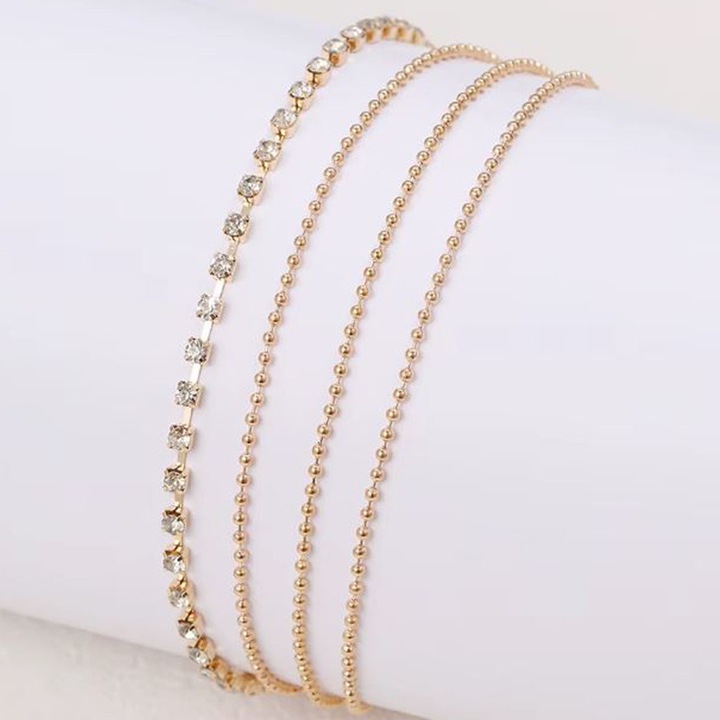 Bratara Glamour pentru Picior, 4 Straturi, Cheita ajustabila, Strasuri, Metal, Auriu