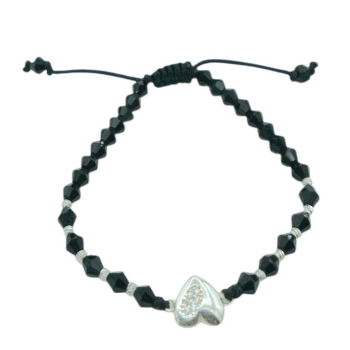 Bratara eleganta reglabila din snur 17 cm cu bilute si link inimioara din Argint 925 si pietre de zirconiu Deea