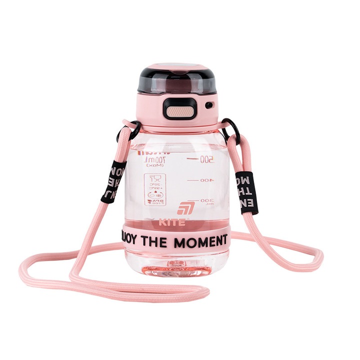 Bidon apa roz Kite, 700 ml, tritan fara BPA, pai silicon, capac cu buton si blocare, cu maner si curea umar detasabila