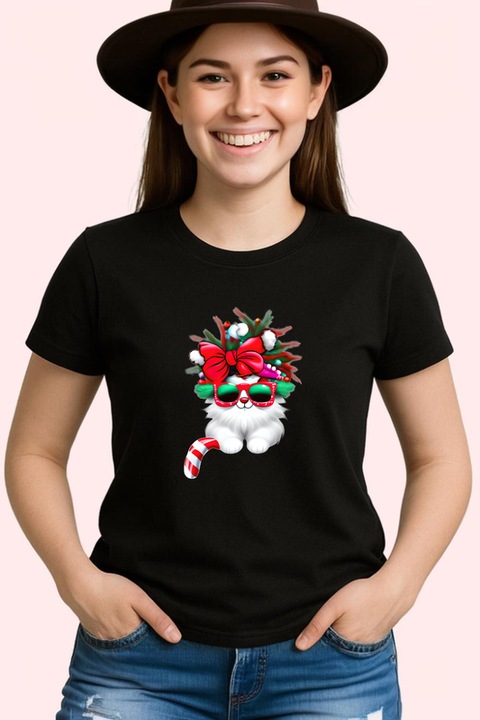 Tricou Pisica cu fundal brad si fundita mare rosie, Dama, 100% bumbac, Cri-Flo, Culoare Negru, Marime 2XL