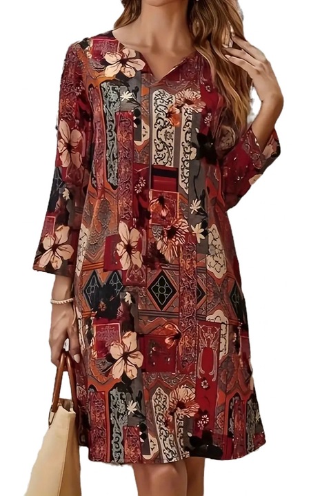 Rochie vintage cu imprimeu floral, ascunde bine burtica, croi lejer, maneci 3/4