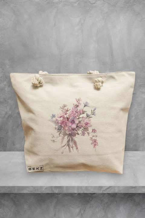 Geanta de plaja, model Flowers 4, 40x51 cm, Crem, BEKZ®
