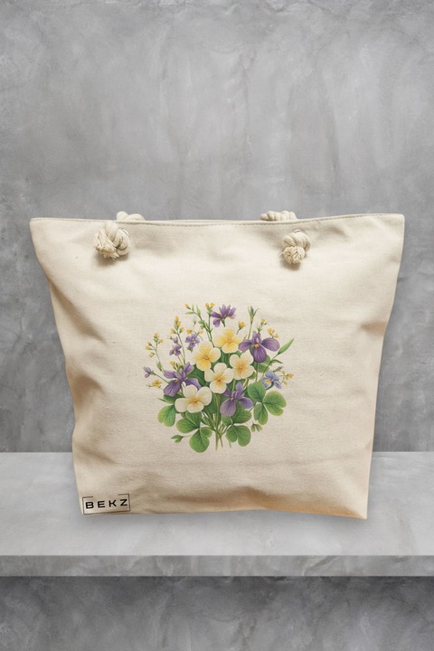 Geanta de plaja, model Flowers 19, 40x51 cm, Crem, BEKZ®