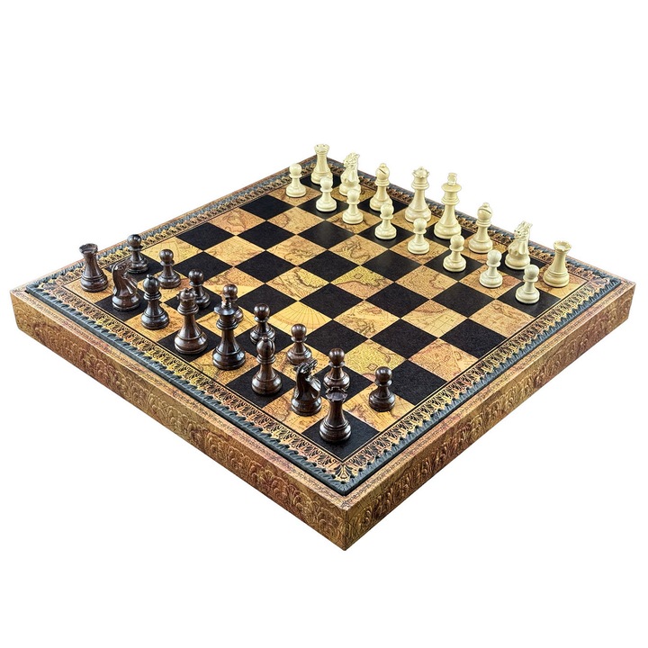 Set de sah Italfama Palissandro, lemn, piele ecologica, 48x48cm, inclusiv dame si table