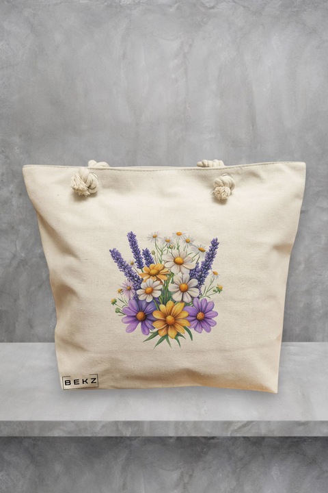 Geanta de plaja, model Flowers 15, 40x51 cm, Crem, BEKZ®