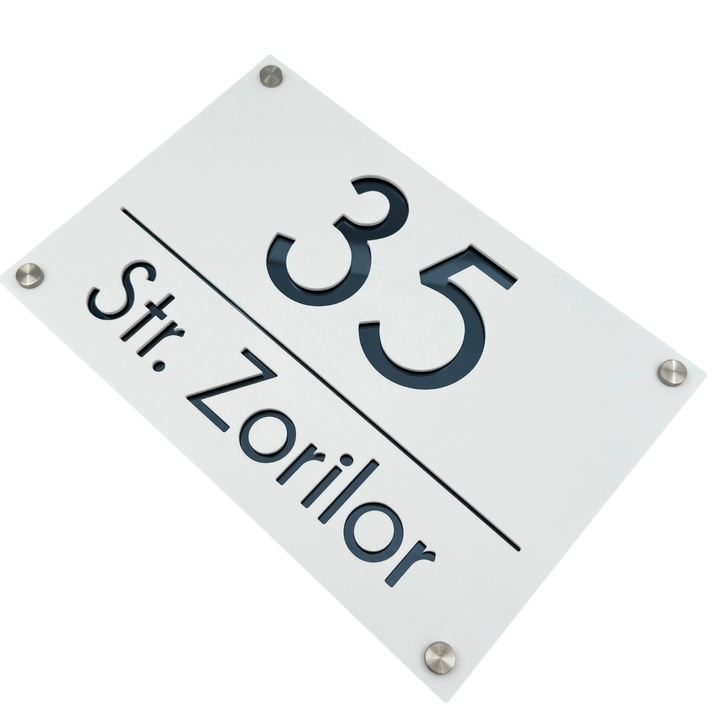 Placuta numar casa, Alb Satinat, Gri Antracit Oglinda, 4 Distantieri Argintii, 30x20cm