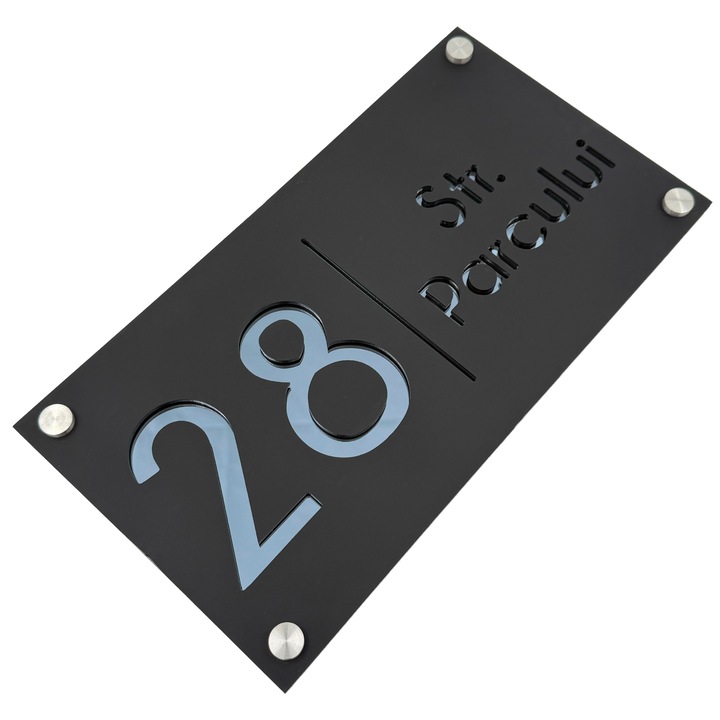 Placuta numar casa, Negru Satinat, Gri Antracit Oglinda, 4 Distantieri Argintii, 28x15cm